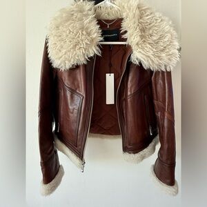 BCBGMaxAzria Brown Leather Jacket with Cream Faux Fur Collar